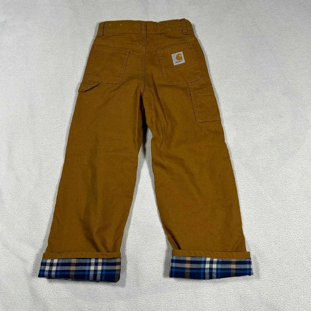 Carhartt Carpenter Pants Kids Size 7 Brown Flannel Lined Duck Canvas Plaid Cuff